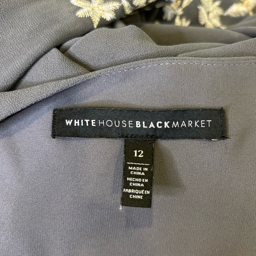 🩶”WHBM” Bluish Gray Long Sleeve Dress w/ White and Gold Floral Embroidery Sz 12🩶 - Picture 6 of 16